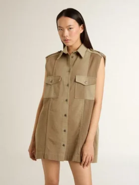 Vestido de camisa para mujer en denim color arena con detalles militares