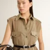 Vestido de camisa para mujer en denim color arena con detalles militares
