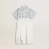Vestido de camisa para niñas en lona de algodón blanca con estampado náutico azul y ribete blanco