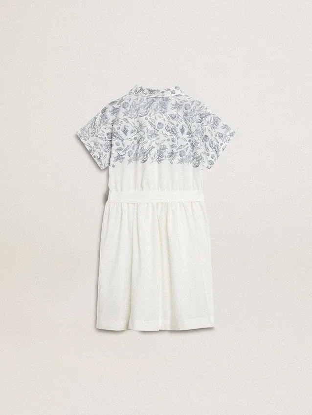 Vestido de camisa para niñas en lona de algodón blanca con estampado náutico azul y ribete blanco