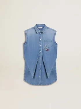 Vestido de mezclilla para niñas con lazo delantero y bordados