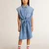 Vestido de mezclilla para niñas con lazo delantero y bordados
