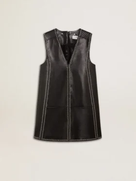 Vestido de piel napa negra para mujer con tachuelas