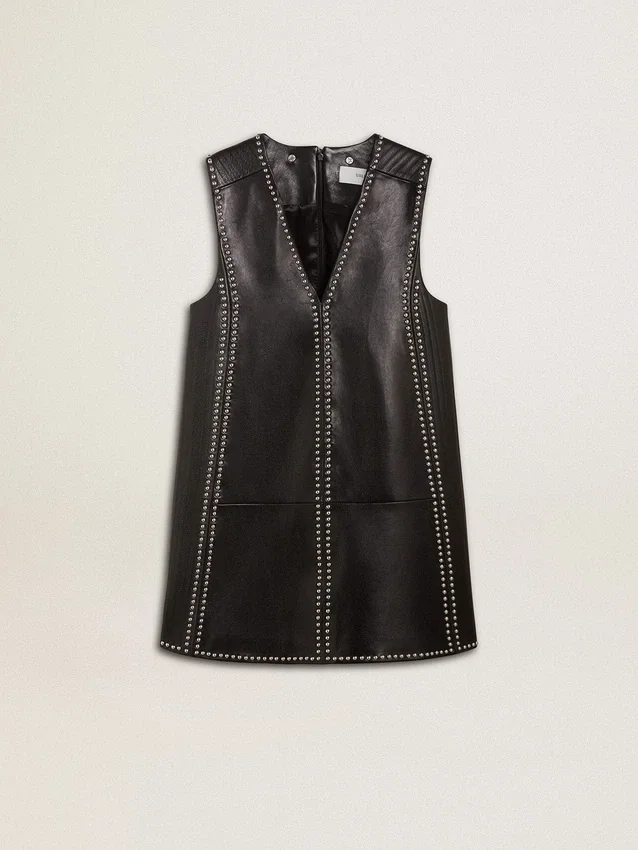 Vestido de piel napa negra para mujer con tachuelas