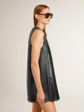 Vestido de piel napa negra para mujer con tachuelas