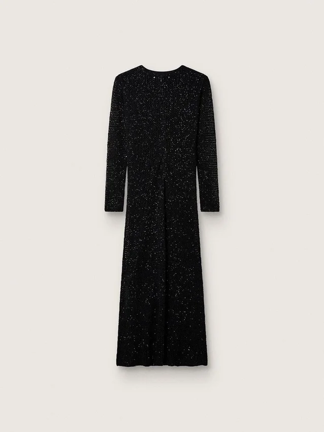Vestido largo de mujer de malla negra con lentejuelas negras