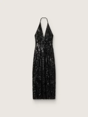 Vestido largo de mujer de tul con bordado floral de lentejuelas negras