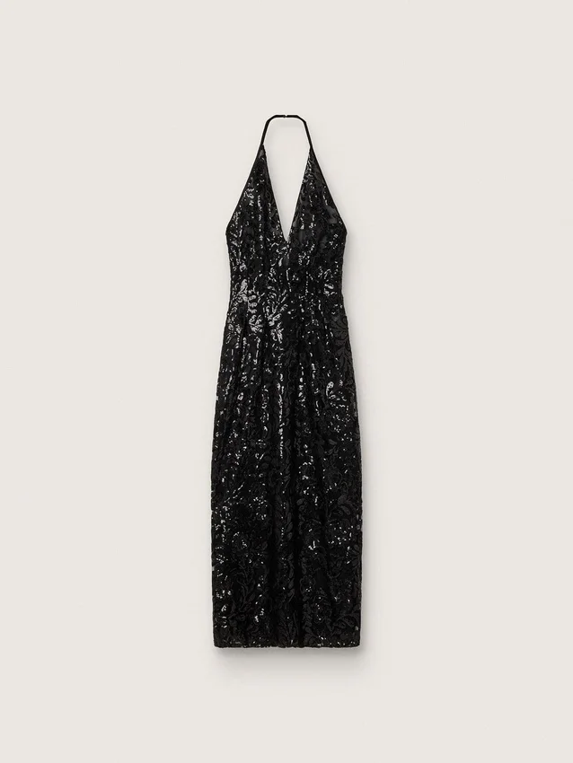 Vestido largo de mujer de tul con bordado floral de lentejuelas negras