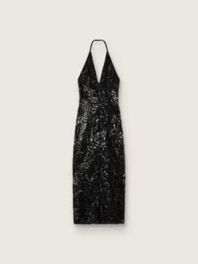 Vestido largo de mujer de tul con bordado floral de lentejuelas negras