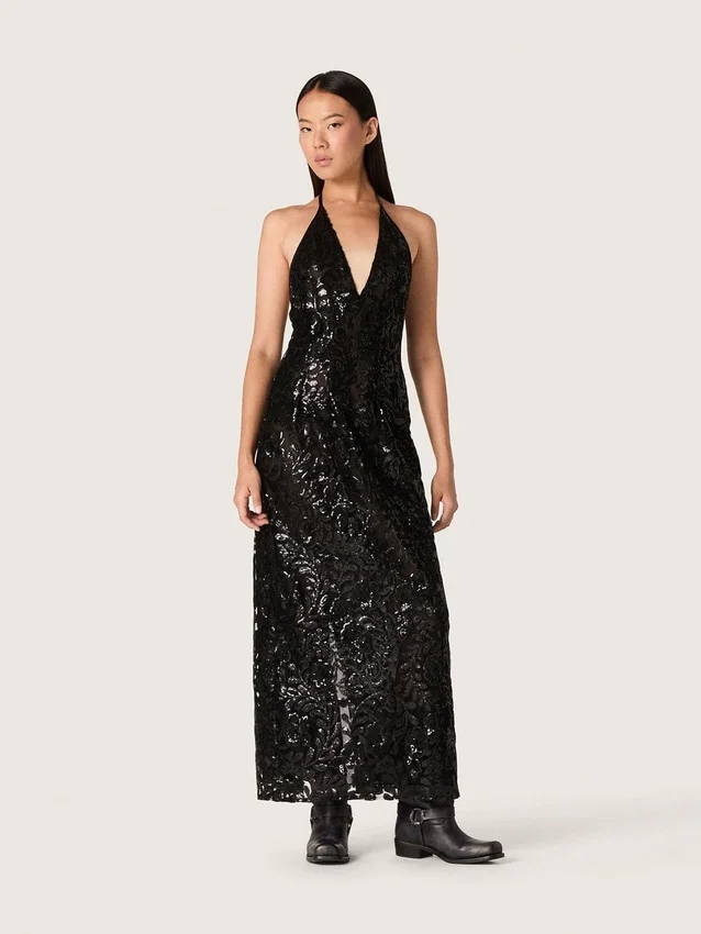 Vestido largo de mujer de tul con bordado floral de lentejuelas negras