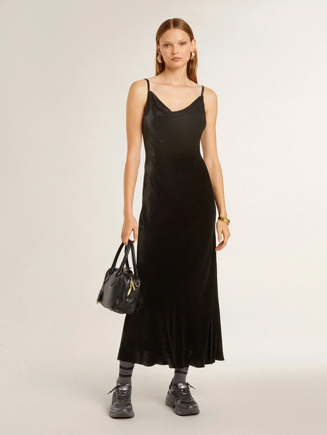 Vestido lencero negro con efecto terciopelo para mujer