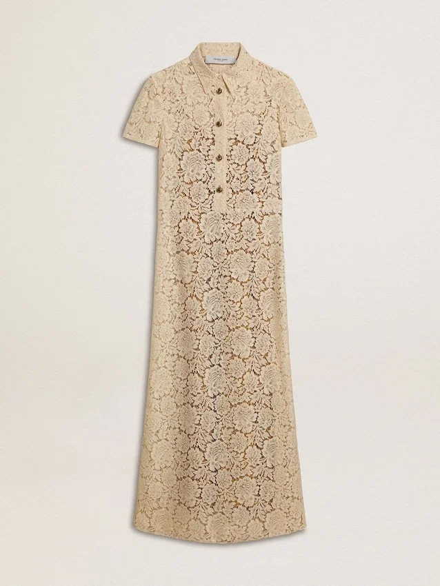 Vestido midi para mujer de encaje transparente color crema