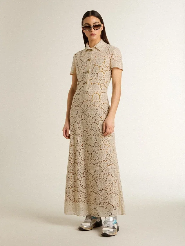 Vestido midi para mujer de encaje transparente color crema