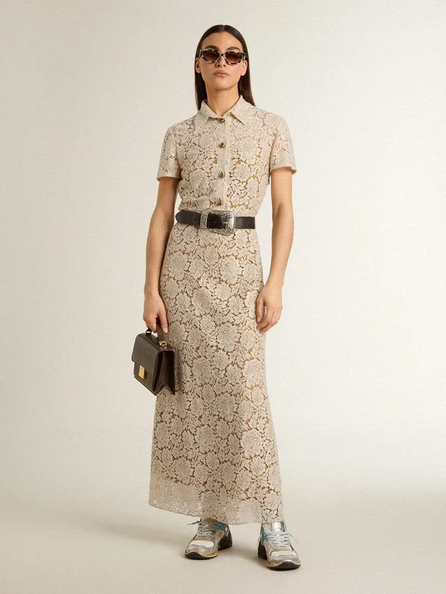 Vestido midi para mujer de encaje transparente color crema