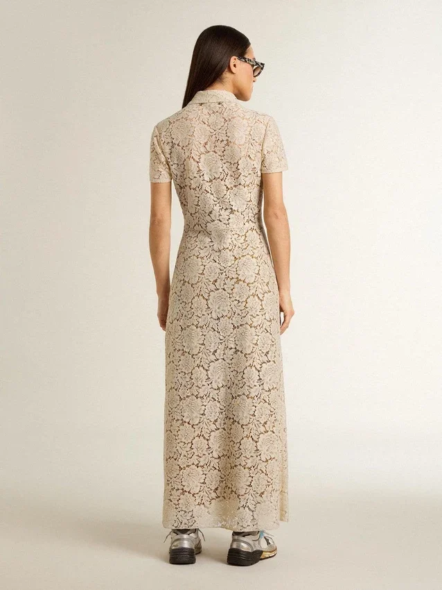 Vestido midi para mujer de encaje transparente color crema