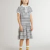 Vestido midi para niñas en mezcla de algodón a rayas con bordados