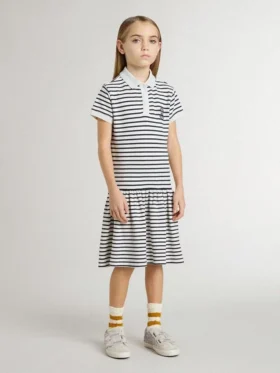 Vestido midi para niñas en mezcla de algodón a rayas con bordados