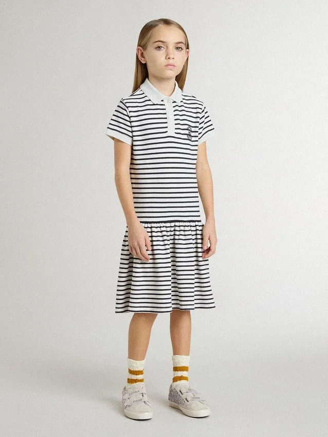 Vestido midi para niñas en mezcla de algodón a rayas con bordados