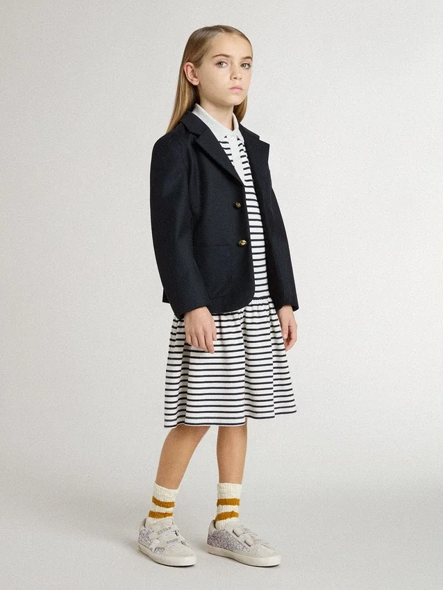 Vestido midi para niñas en mezcla de algodón a rayas con bordados