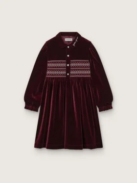 Vestido para niñas en color burdeos con efecto terciopelo y bordado en la parte delantera