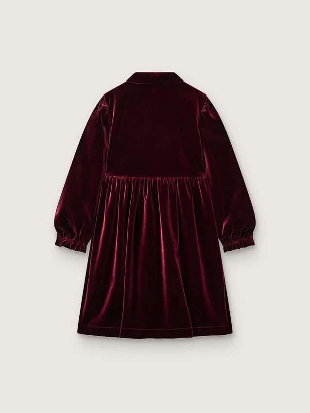 Vestido para niñas en color burdeos con efecto terciopelo y bordado en la parte delantera