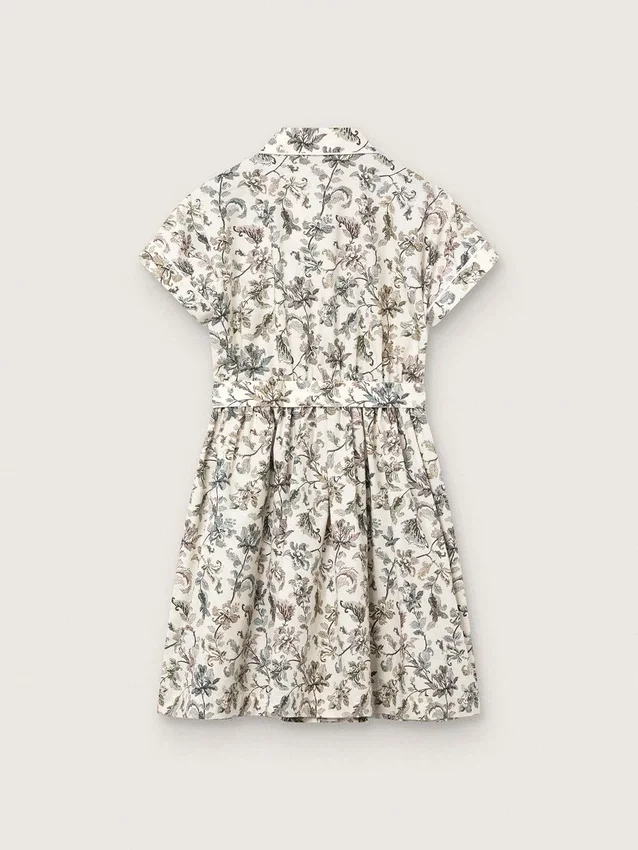 Vestido para niñas «Journey» de lona de algodón blanca con estampado floral verde