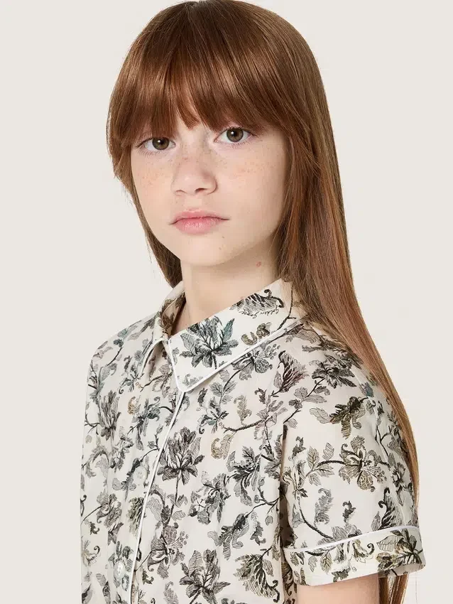 Vestido para niñas «Journey» de lona de algodón blanca con estampado floral verde