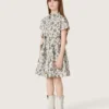 Vestido para niñas «Journey» de lona de algodón blanca con estampado floral verde