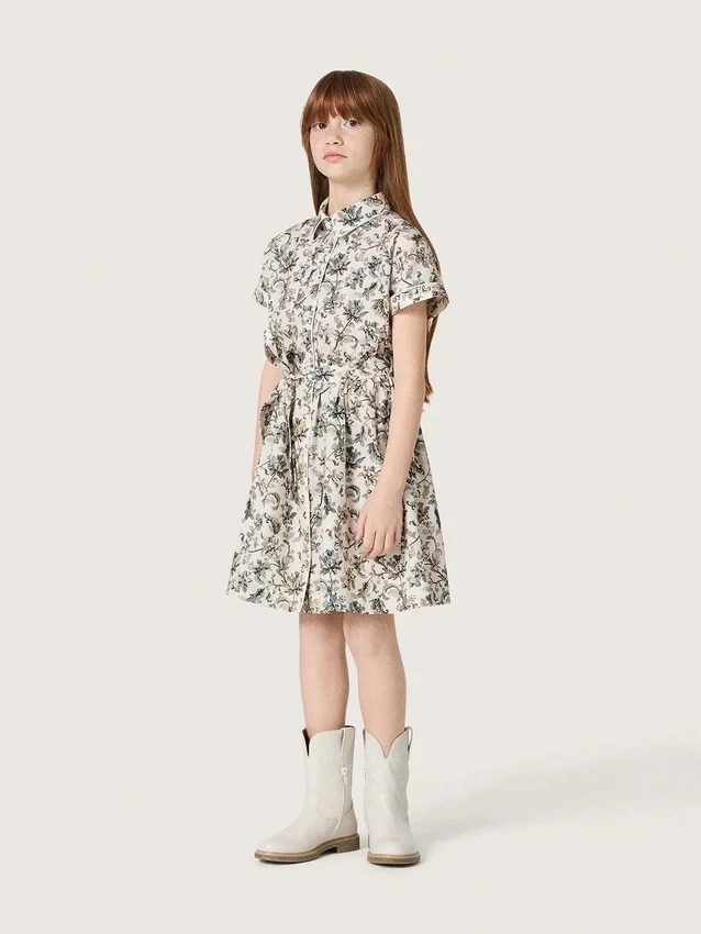 Vestido para niñas «Journey» de lona de algodón blanca con estampado floral verde