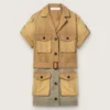 Vestido safari para mujer en algodón beige y verde militar con bolsillos maxi