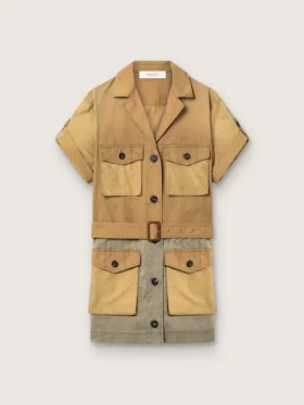 Vestido safari para mujer en algodón beige y verde militar con bolsillos maxi