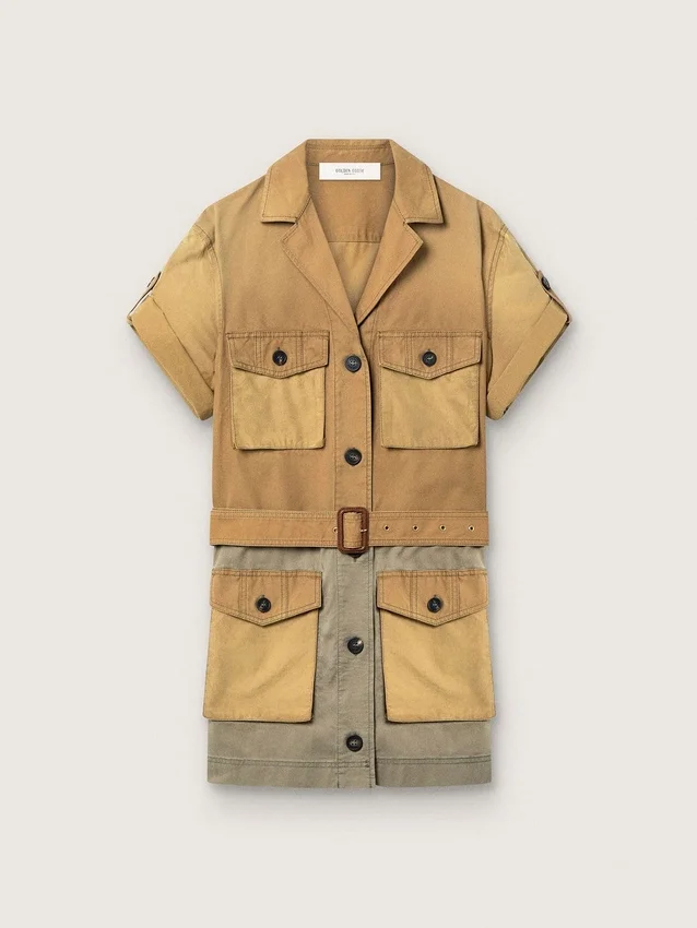 Vestido safari para mujer en algodón beige y verde militar con bolsillos maxi