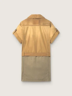 Vestido safari para mujer en algodón beige y verde militar con bolsillos maxi