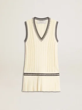 Vestido sin mangas de algodón blanco desgastado para mujer con ribetes azul oscuro y cristales