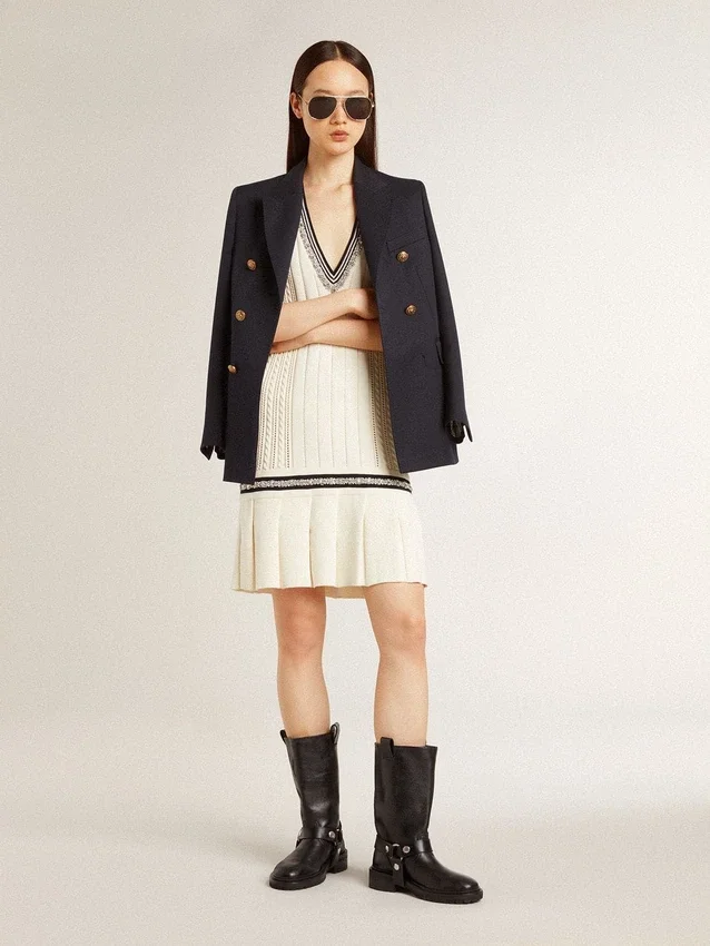 Vestido sin mangas de algodón blanco desgastado para mujer con ribetes azul oscuro y cristales