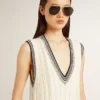Vestido sin mangas de algodón blanco desgastado para mujer con ribetes azul oscuro y cristales