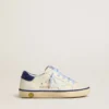 Young Super-Star en cuero blanco con lengüeta de talón de gamuza azul