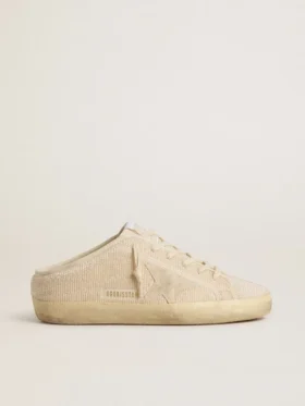 Zapatilla Super-Star Sabot para mujer en lona beige con abalorios bordados y estrella de gamuza beige
