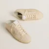 Zapatilla Super-Star Sabot para mujer en lona beige con abalorios bordados y estrella de gamuza beige