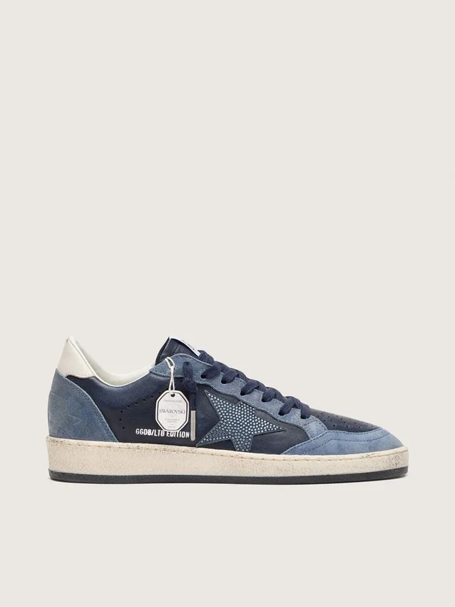 Zapatillas Ball Star LTD para mujer en cuero azul oscuro con estrella de cristales Swarovski azul claro e inserciones de gamuza