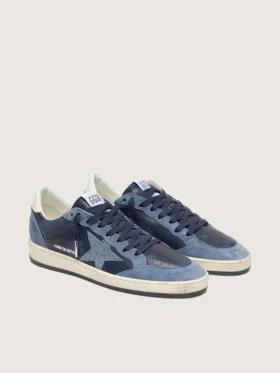 Zapatillas Ball Star LTD para mujer en cuero azul oscuro con estrella de cristales Swarovski azul claro e inserciones de gamuza