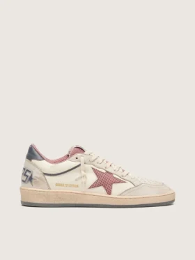 Zapatillas Ball Star LTD para mujer en cuero beige con estrella de malla rosa y lengüeta del talón de cuero azul