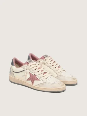 Zapatillas Ball Star LTD para mujer en cuero beige con estrella de malla rosa y lengüeta del talón de cuero azul