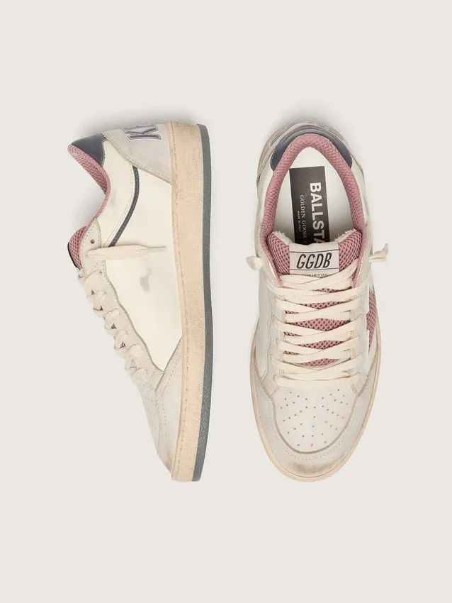 Zapatillas Ball Star LTD para mujer en cuero beige con estrella de malla rosa y lengüeta del talón de cuero azul