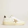 Zapatillas Ball Star para mujer en cuero blanco con estrella dorada con purpurina y lengüeta del talón negra con purpurina