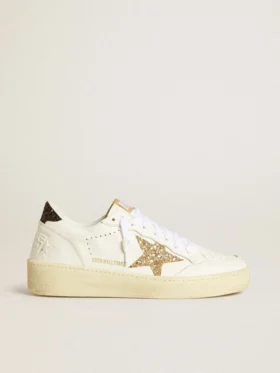 Zapatillas Ball Star para mujer en cuero blanco con estrella dorada con purpurina y lengüeta del talón negra con purpurina