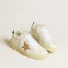 Zapatillas Ball Star para mujer en cuero blanco con estrella dorada con purpurina y lengüeta del talón negra con purpurina