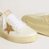 Zapatillas Ball Star para mujer en cuero blanco con estrella dorada con purpurina y lengüeta del talón negra con purpurina