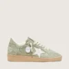 Zapatillas Ball Star para mujer en gamuza verde salvia con estrella de cuero blanco y bordado floral de Swarovski tono sobre tono