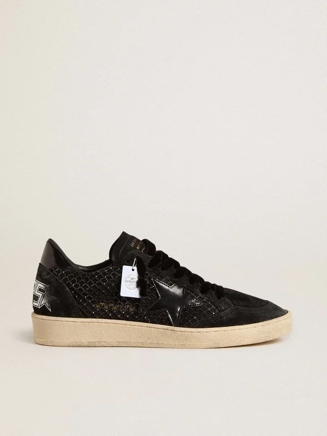 Zapatillas Ball Star para mujer en malla con cristales Swarovski y estrella y lengüeta del talón de cuero laminado negro